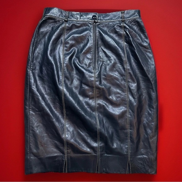 True Vintage Expert Crafted Handmade Navy size 42 eu genuine leather Midi Skirt - Picture 4 of 5